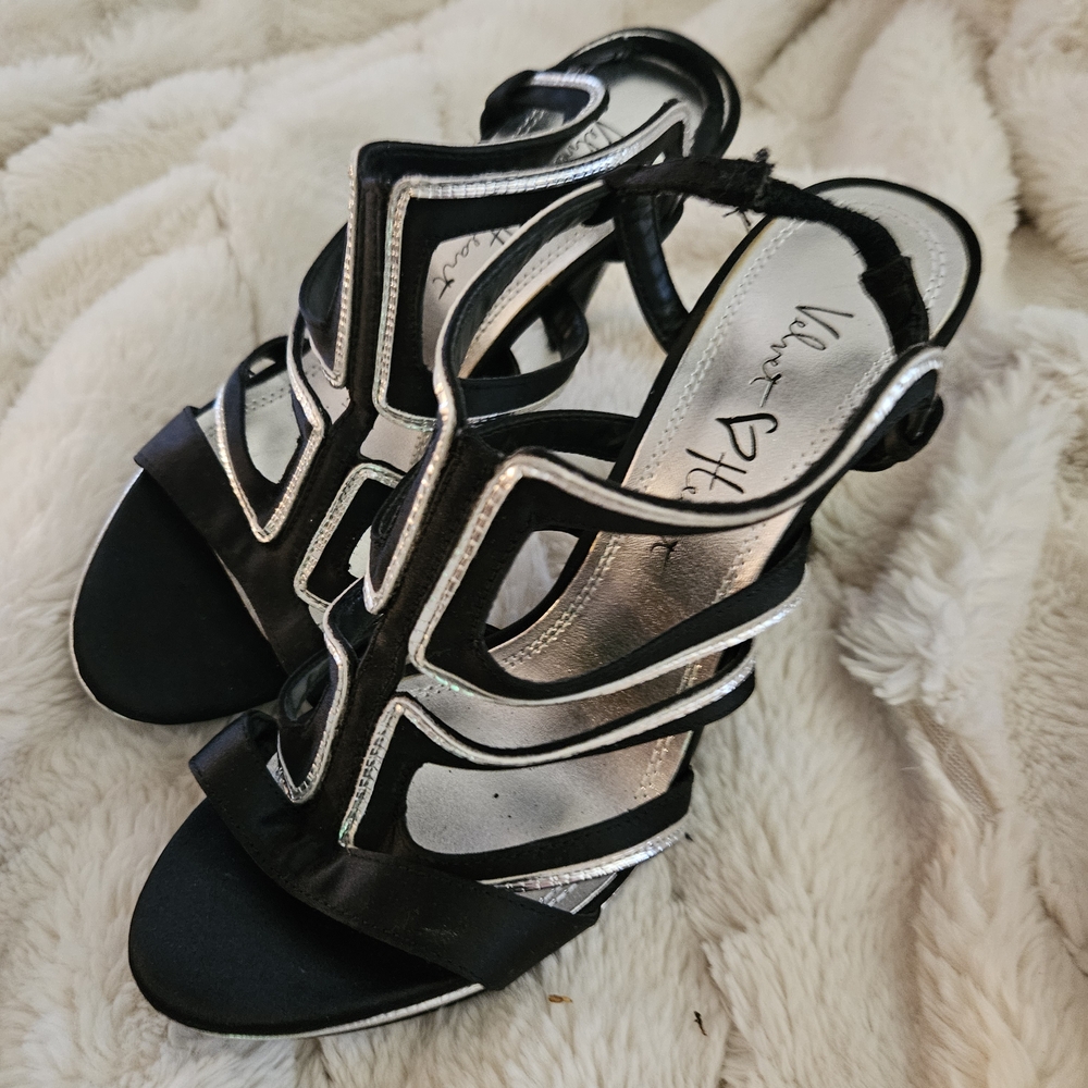 Velvet Heart Strappy Black and Silver Heels